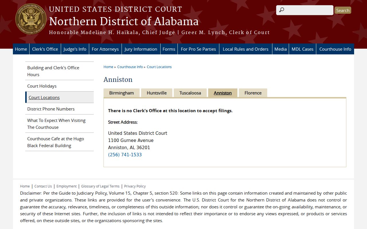 Calhoun County court dockets Anniston federal courthouse reference