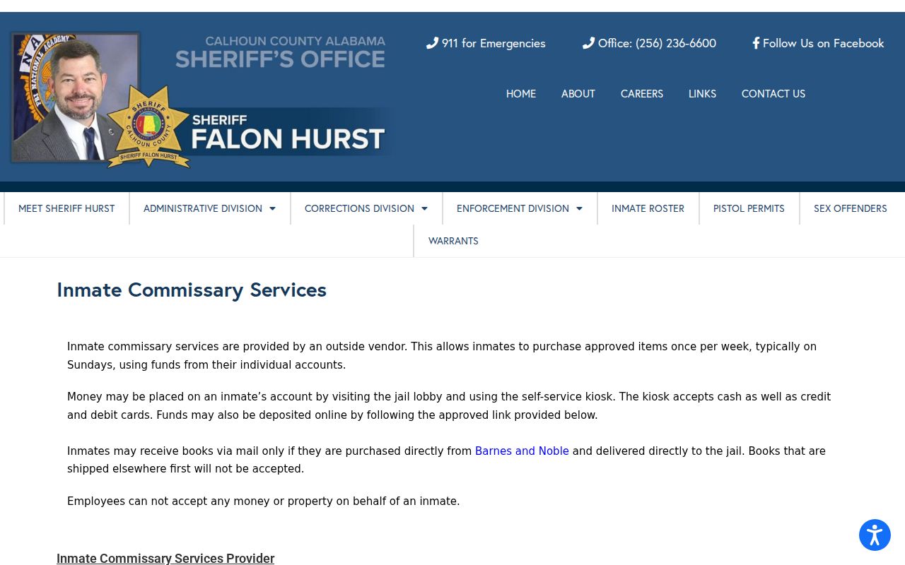 Calhoun County inmate records commissary provider and ordering rules