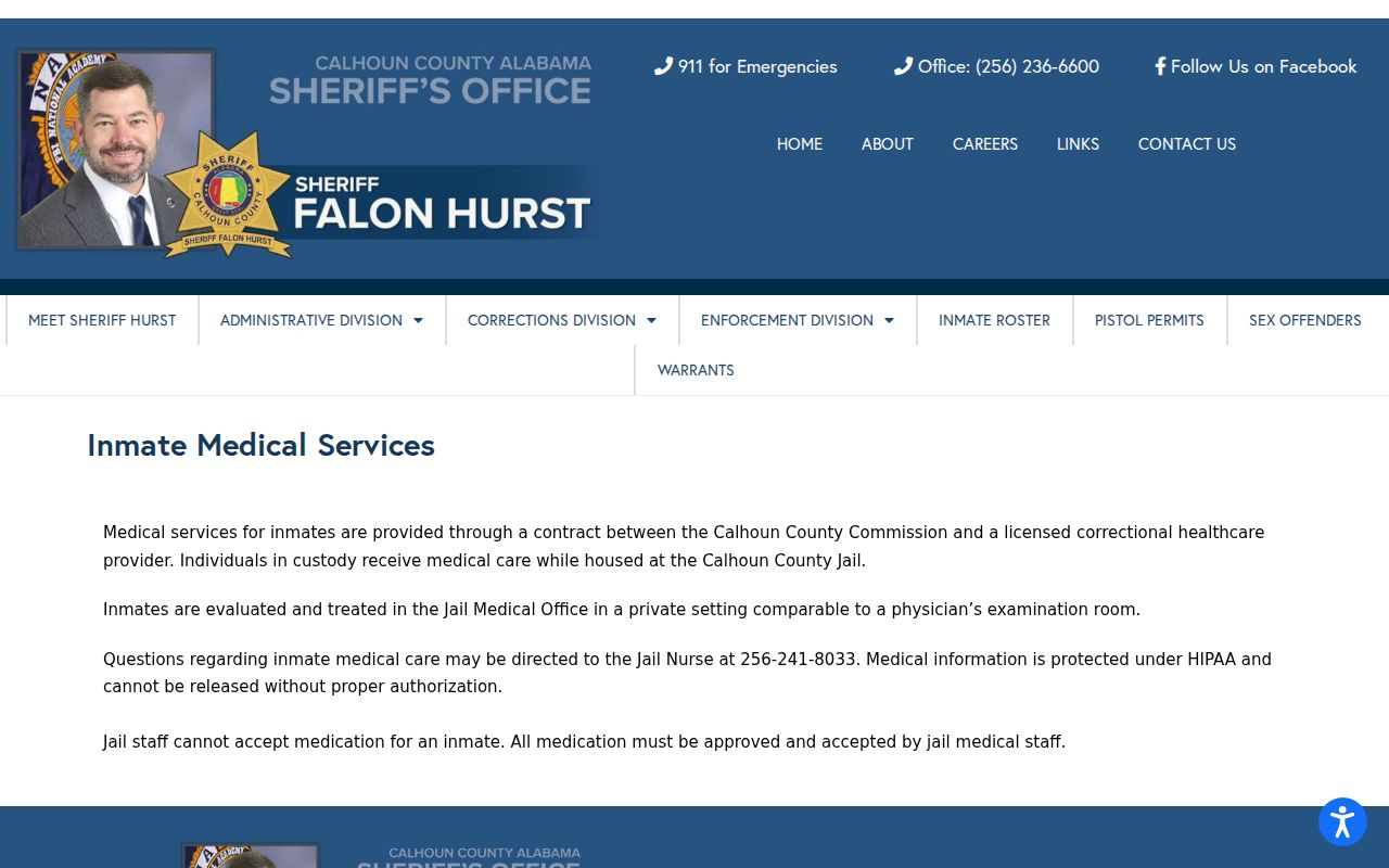 Calhoun County inmate records medical service limits