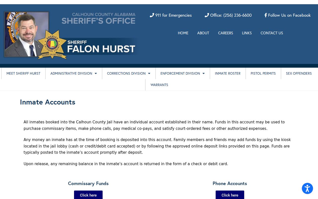Calhoun County inmate records account deposit and refund information