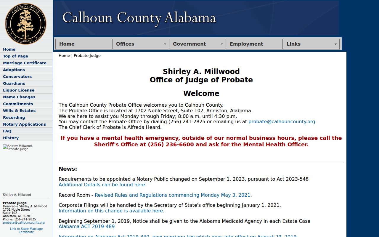 Calhoun County probate records Probate Judge office page