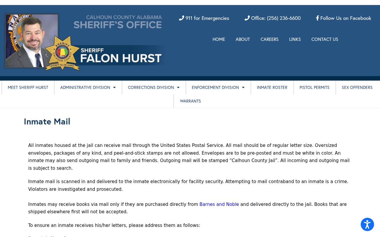 Calhoun County warrant records inmate mail rules after custody