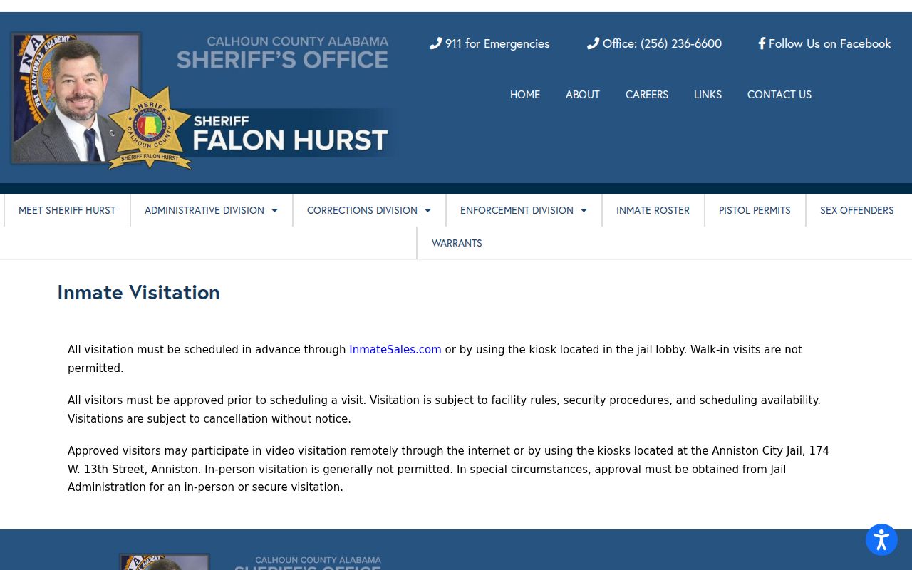 Calhoun County warrant records visitation scheduling rules after arrest